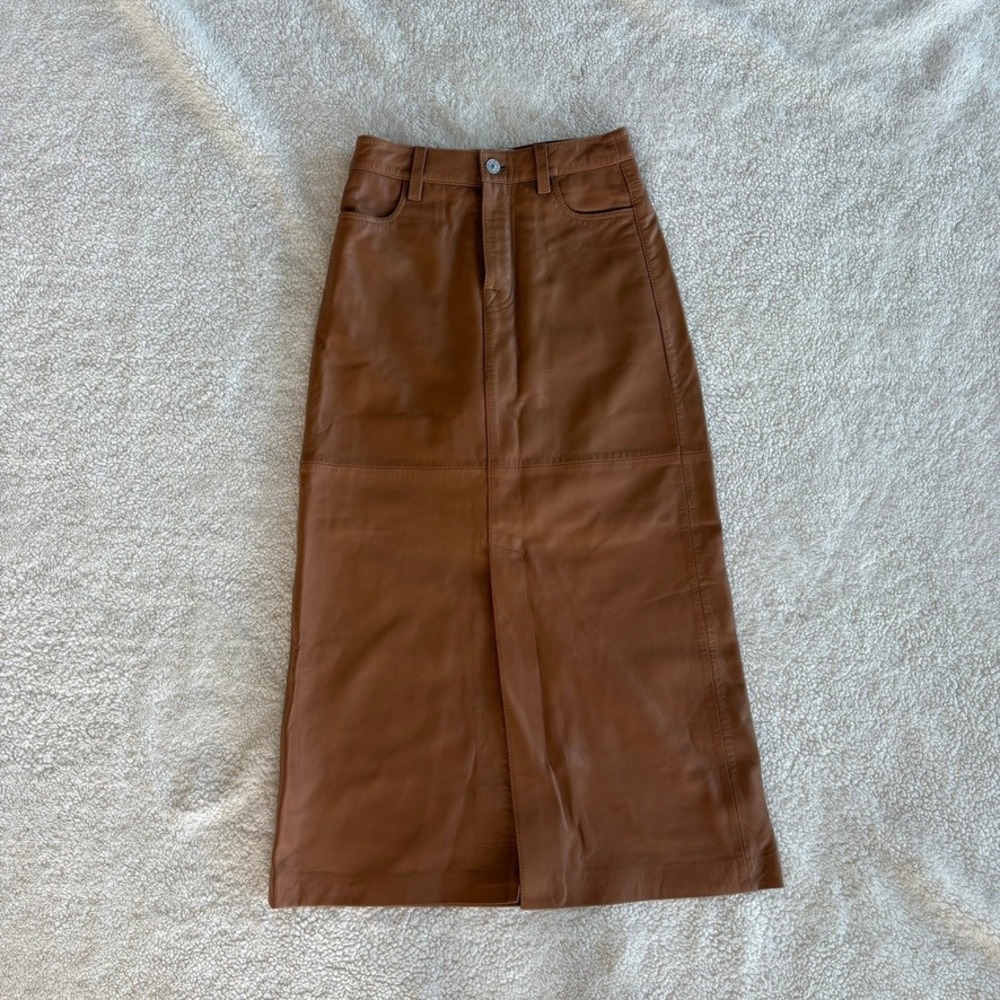 7 For All Mankind Maxi Skirt Brown Sugar Women's 23 Genuine Leather Cognac Midi